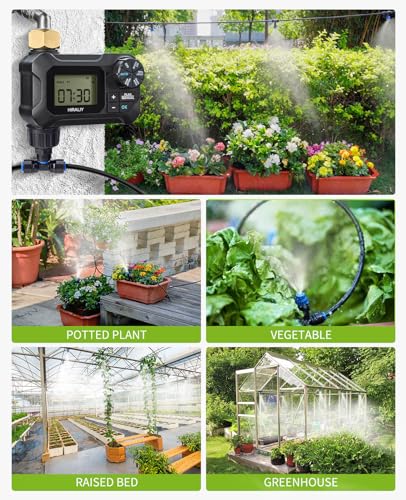 HIRALIY 59FT Drip Irrigation Kit with Water Timer, Quick-Connect | Garden Watering System with 15 Adjustable Misting Nozzles, 1/4 in Tubing for Greenhouse, Hanging Plants & Raised Beds - size: 59 feet