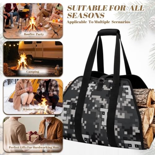 Skull Camo Print Log Tote Bag Firewood Hauling Carrier | Water Resistant Material, Open-Ended Design, Large Capacity, for Fireplace Owners, Hikers and Camping Fanatics - color: Gray Pixel Skull Digital Camo Print