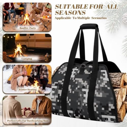 Skull Camo Print Log Tote Bag Firewood Hauling Carrier | Water Resistant Material, Open-Ended Design, Large Capacity, for Fireplace Owners, Hikers and Camping Fanatics - color: Gray Pixel Skull Digital Camo Print