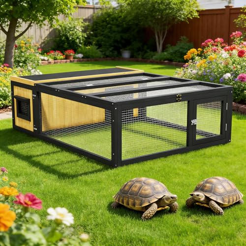 Large Tortoise Hidden Habitat Enclosure Wooden Turtle House Indoor Outdoor with Asphalt Roof & Ventilating Wire Fence for Small Animals Outside Garden Backyard (Yellow) - color: Yellow