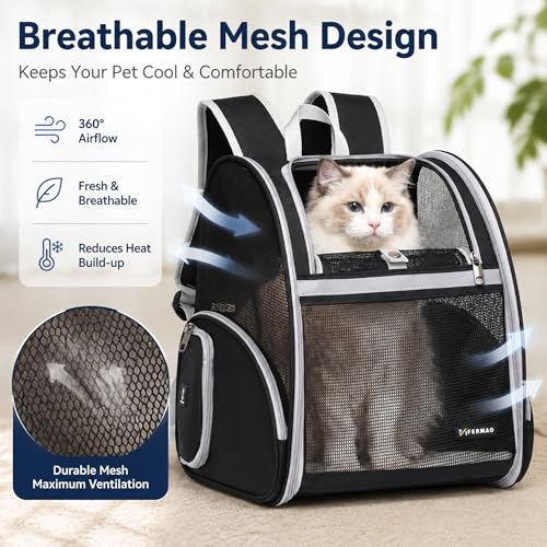 Cat Backpack Carrier for Small Dogs and Medium cat Puppy Kitten Bunny Pet Carrier Backpack Collapsible with Fully Ventilated Mesh with Safety Leash (Black, 12.9" L x 10.62" W x 15.5" H - M) - color: Black, size: Medium