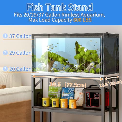 METYERRY 20-29-37 Gallon Fish Tank Stand with Power Outlet,Adjustable Shelf | 600 LBS Heavy Duty Metal Frame, Fits Fish Tanks Reptile Tanks and Turtle Tanks, Water Resistant Board, Home Aquarium Setup - color: Black, size: 20-29-37 Gallon