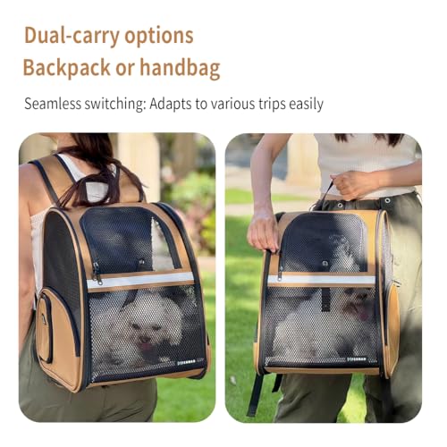 Cat Backpack Carrier for Small Dogs and Medium cat Puppy Kitten Bunny Pet Carrier Backpack Collapsible with Fully Ventilated Mesh with Safety Leash (Brown, 12.9" L x 10.62" W x 15.5" H - M) - color: Brown, size: Medium
