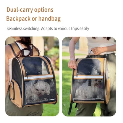 Cat Backpack Carrier for Small Dogs and Medium cat Puppy Kitten Bunny Pet Carrier Backpack Collapsible with Fully Ventilated Mesh with Safety Leash (Brown, 12.9" L x 10.62" W x 15.5" H - M) - color: Brown, size: Medium