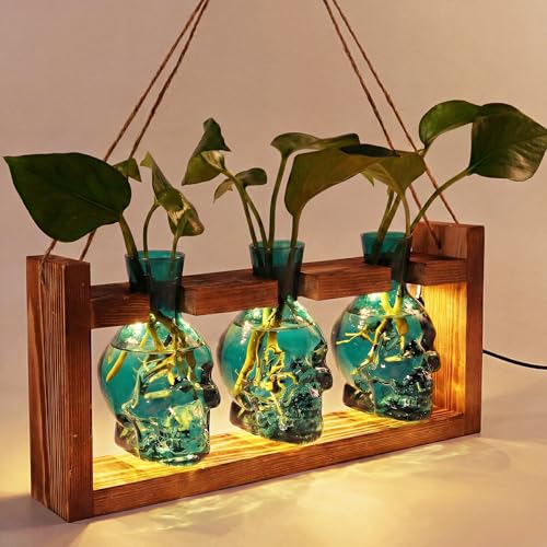 Skull Plant Propagation Station with LED Lights - Halloween Decor Skull Planter, Hydroponics Pot for Office, Unique Gifts for Women & Plant Lovers(Grey) - color: Grey