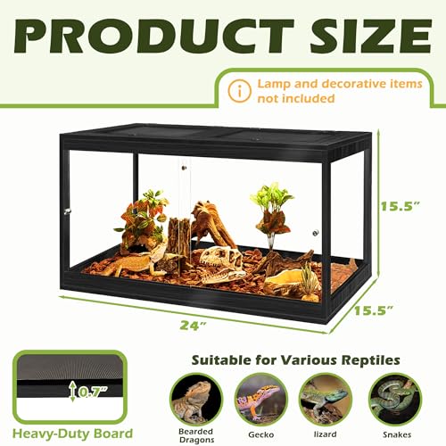 31 Gallon Bearded Dragon Tank, 24 x 16 x 16 Inch Tempered Glass Reptile Enclosure with Metal Mesh Top, Lockable Sliding Front Doors, Large Lizard and Snake Terrarium, Black - color: Black, size: 31 Gallon (24x15.5x15.5 Inch)