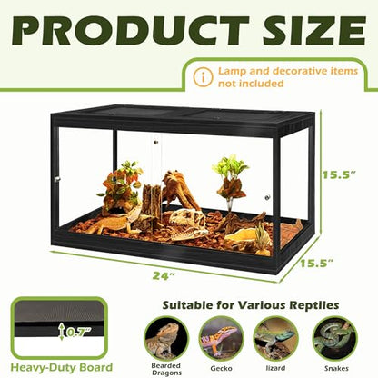 31 Gallon Bearded Dragon Tank, 24 x 16 x 16 Inch Tempered Glass Reptile Enclosure with Metal Mesh Top, Lockable Sliding Front Doors, Large Lizard and Snake Terrarium, Black - color: Black, size: 31 Gallon (24x15.5x15.5 Inch)