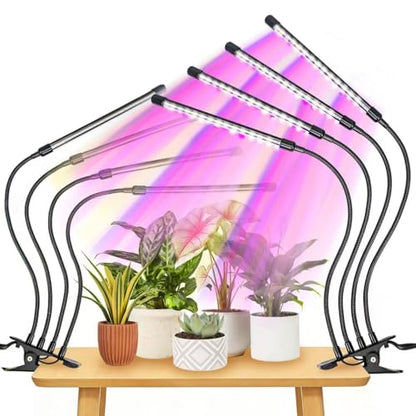 LED Grow Lights for Indoor Plants 2-Pack, Full Spectrum & Red Blue Spectrum Plant Growing Lamps with 3/9/12H Timer, 10 Brightness Levels, Clip-on Desk Plant Lights for Seedlings, Succulents, Flowers - size: 4 heads 2 pack