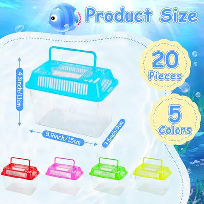 20 Pack Plastic Fish Tank, Small Reptile Terrariums Carrier Cage | Tarantula Enclosure Snake Breeding Case, Mini Fish Box for Pets, 5.9" x 3.5" x 4.3", Fish Bowls