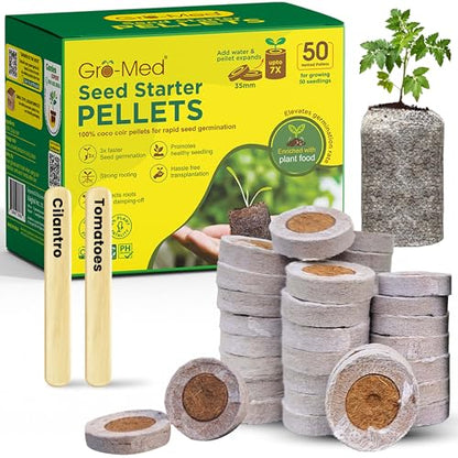Organic Coco Coir Seed Starter Pellets NPK Enriched 50 Pcs, 35mm Perfect to Grow Herbs, Vegetables, Flowers,Fruits Seedlings, Compressed Coconut Coir Soil Plugs - Easy to Transplant in Pot - size: 50 Pack - NPK Enriched Seed Starter Pellets