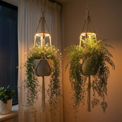 2 Pack Hanging Plant Grow Lights for Indoor Plants with Timer, Wall Mounted Full Spectrum Pendant Growing Light with Macrame Plant Hanger, Ceiling LED Planta Luz for Potted Plants Home Decor - size: 2 Pack