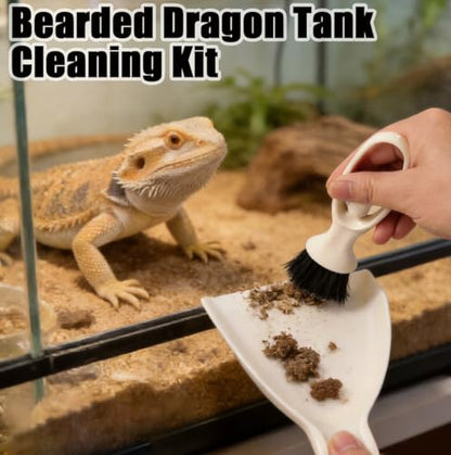 7PCS Bearded Dragon Tank Cleaning Kit, Specialized Cleaning Tool Set for Reptile Tanks, Includes Curved Tweezers, Glass Scraper, Desktop Dustpan, Tile Brush, Charcoal Cloth, Gap Brush, and Scraper