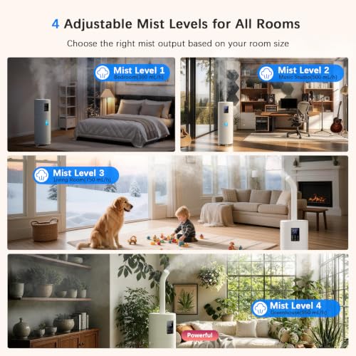 Humidifiers for Large Room Home Bedroom 2000 sq.ft. 17L/4.5Gal Large Humidifier with Extension Tube & 4 Speed Mist,Top Fill Wholehouse Humidifier with 360°Nozzle for Plant Office Commercial Greenhouse - color: White