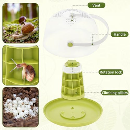 Snail Terrariums Breeding Box, Portable Plastic Habitat with Air Vents & Removable Base, Round Snail Habitat Starter Terrarium Kit, Transparent Feeding Box for Beetles, Spiders and Small Reptile