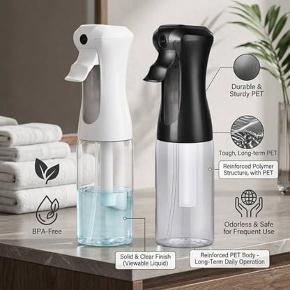 VIGOR PATH 200ml Continuous Mist Spray Bottle for Hair Plants and Skin Care | Ultra Fine Atomizer Leak Proof Ergonomic Construction 360 Refillable - size: 6.7 oz - Black/White