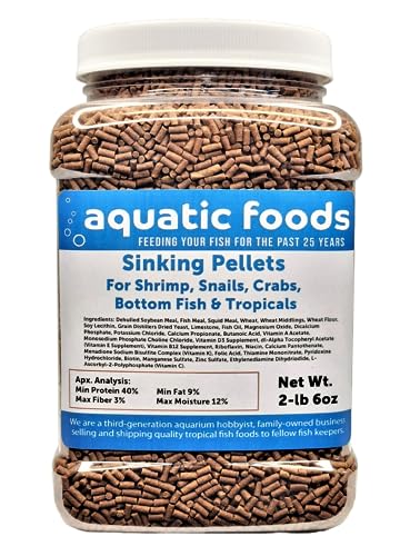 Shrimp Sinking Pellets 40% Protein, Apx. 1/16" x 3/8"...2-lb 6oz Med Jar | 40% Protein, Apx. 1/16" x 3/8", Sinking Pellet, Crab, Crayfish, Snail, Shrimp, All Tropical Fish, Bottom Feeders - size: 2.38 Pound (Pack of 1)