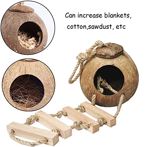 kathson 8PCS Natural Coconut Hut Hamster Hiding House Pet Cave Small Animal Cage Habitat Decor Hanging Hamster Toys with Ladder for Gerbils Hermit Crabs Dwarf Lizards