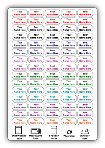 75 Personalized Waterproof Name Labels. Press and Stick Multi use Custom Name Labels. Customized 2 Lines of Text and Color. ID Identification Name Stickers with Permanent Self Adhesive. - color: 75 Medium Labels - White Background