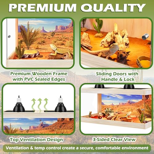 Royxen Bearded Dragon Tank, 82 Gallons Tempered Glass Reptile Terrarium with Metal Mesh Top, 3-Side Clear Anti-Scratch Glass Lizard Tank for Reptile Habitat (Oak, 48" Length) - color: Oak, size: 82Gal,48x20x20inch