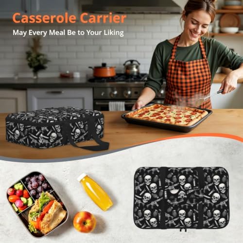 Casserole Carrier with Handles Urban Skull Print | Creative Monochrome Urban Mix Skull, Thermal Carrier with Handles Zipper Fits 9x13 Baking Dish Potluck BBQ Travel - color: Pattern (761)