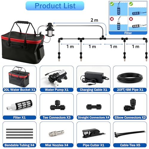 Misting System, Portable Misting System | with 20FT/6M Hose, 20L Water Bucket, Water Pump, Filter, Nozzles for Outside Patio Cooling, Canopy, Umbrella, Camping