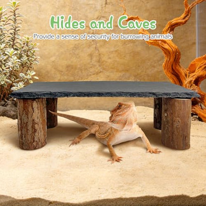 Bearded Dragon Basking Platform 3Pcs Reptile Basking Rocks with Wooden Pile Natural Lizard Hideout 2-in-1 Tortoise Tank Accessories for Leopard Geckos Ball Pythons Turtle (11.81×7.87inches) - size: Large