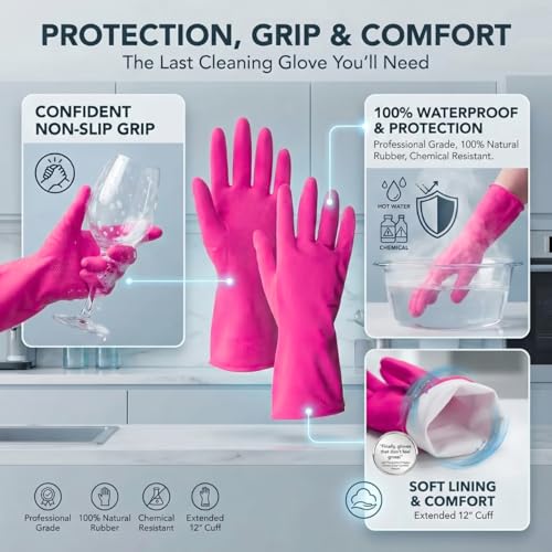 ForPro Natural Rubber Gloves, 6 Pairs Reusable Multi-Purpose Household Cleaning Gloves with Soft Inner Lining, Waterproof & Chemical-Resistant, Cotton Candy, X-Large - color: Cotton Candy, size: X-Large