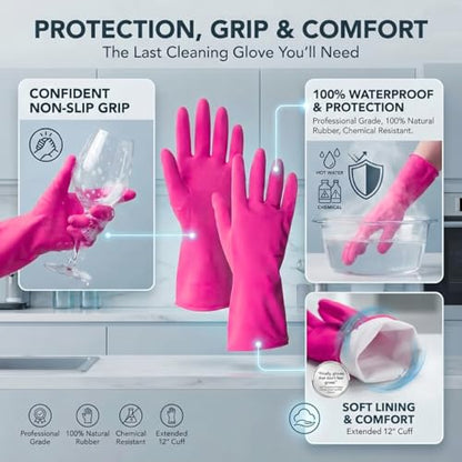 ForPro Natural Rubber Gloves, 6 Pairs Reusable Multi-Purpose Household Cleaning Gloves with Soft Inner Lining, Waterproof & Chemical-Resistant, Cotton Candy, Large - color: Cotton Candy, size: Large
