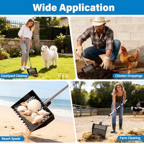 12-Inch 2-in-1 Chicken Poop Scooper & Rake, Chicken Coop Scoop with Adjustable Stainless Steel Handle （24–64"）, 3 Angles & 2 Sifting Holes, Litter Scoop Sand Sifting Shovel Pooper Scooper (Black) - color: Black