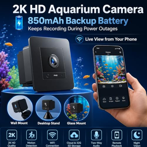 2K HD Aquarium Camera for Fish: Tank & Reptile Terrarium Camera with Battery and 32GB SD Card – Anti-Glare Glass Mount, Night Vision, Two-Way Audio, AI Motion Detection, Aquarium Accessory