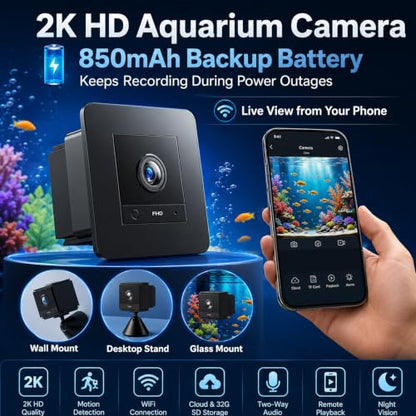 2K HD Aquarium Camera for Fish: Tank & Reptile Terrarium Camera with Battery and 32GB SD Card – Anti-Glare Glass Mount, Night Vision, Two-Way Audio, AI Motion Detection, Aquarium Accessory