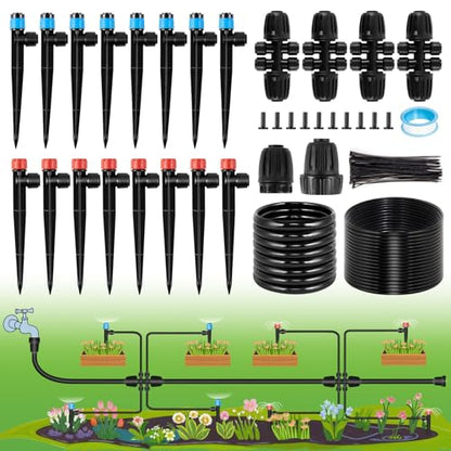95.5FT Drip Irrigation System Kits - Automatic Garden Watering Sprinkler with 1/2 & 1/4 inch Tubing Hose Patio Misting Plant Irrigation Water Equipment Quick Connector for Greenhouse Flower Beds Lawn - size: 95.5FT:16.5FT Main tube+ 79FT 1/4 tube