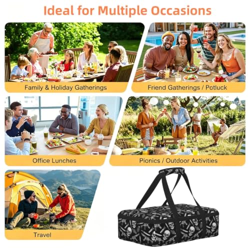 Casserole Carrier with Handles Urban Skull Print | Creative Monochrome Urban Mix Skull, Thermal Carrier with Handles Zipper Fits 9x13 Baking Dish Potluck BBQ Travel - color: Pattern (761)