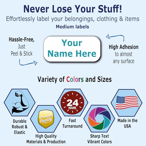 75 Personalized Waterproof Name Labels. Press and Stick Multi use Custom Name Labels. Customized 2 Lines of Text and Color. ID Identification Name Stickers with Permanent Self Adhesive. - color: 75 Medium Labels - White Background