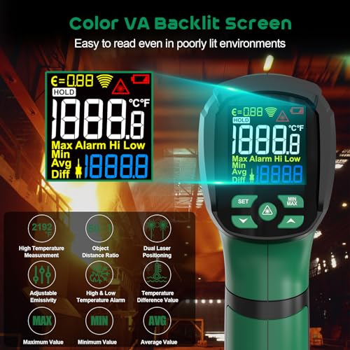 Infrared Thermometer Gun,SQECH Laser Thermometer Gun -40℉～2192℉(-40℃～1200℃),50:1 Non-Contact High Temp Thermometer with Thermocouple Probe,Color Backlight,Adjustable Emissivity,for Industry&Home - color: Green(-40℉～2192℉)