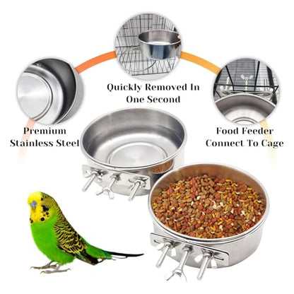 PINVNBY 2pcs Stainless Steel Bird Bowl Feeding Dish Cups for Parrot, Parakeet, African Greys, Conure, Cockatiels, Lovebird, Budgie, Chinchilla (L)