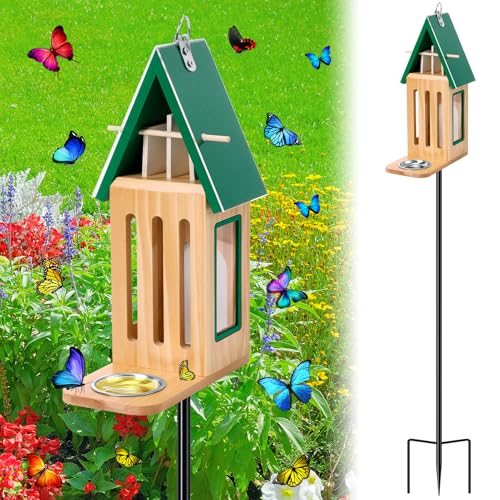 New Upgraded Butterfly House and Feeder for Outside Wooden Butterfly House | with Metal Stake for Garden Backyard, Natural Butterflies Habitat with Puddler on Floor or Hanging on Tree Wall