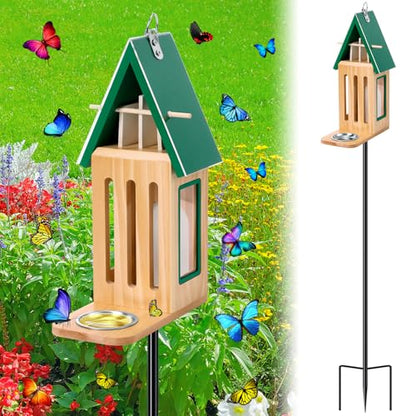 New Upgraded Butterfly House and Feeder for Outside Wooden Butterfly House | with Metal Stake for Garden Backyard, Natural Butterflies Habitat with Puddler on Floor or Hanging on Tree Wall