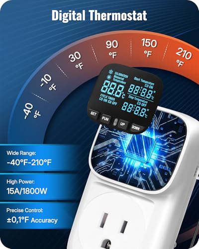 Digital Temperature Controller Outlet, 15A/1800W Heavy Duty Thermostat Plug, VA LCD Display, Heating/Cooling Control, -40°F~210°F, 4 Timer Modes, for Greenhouse Incubator Homebrew W02TC06 - color: White-16.4ft