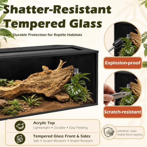 Bearded Dragon Tank, Reptile Enclosure, Tempered Glass Lizard Tank, Bearded Dragon Enclosure with Built-in Lamp Fixture and Wooden Roof for Chameleon (48x20x20 Inch, Black) - color: Black, size: 81 gallons