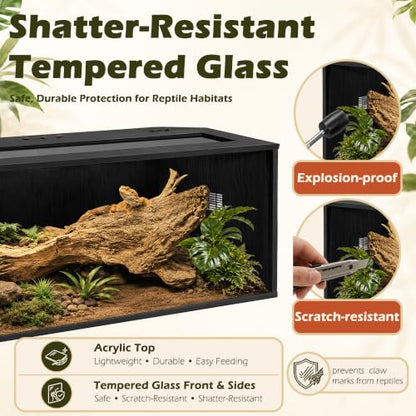 Bearded Dragon Tank, Reptile Enclosure, Tempered Glass Lizard Tank, Bearded Dragon Enclosure with Built-in Lamp Fixture and Wooden Roof for Chameleon (48x20x20 Inch, Black) - color: Black, size: 81 gallons