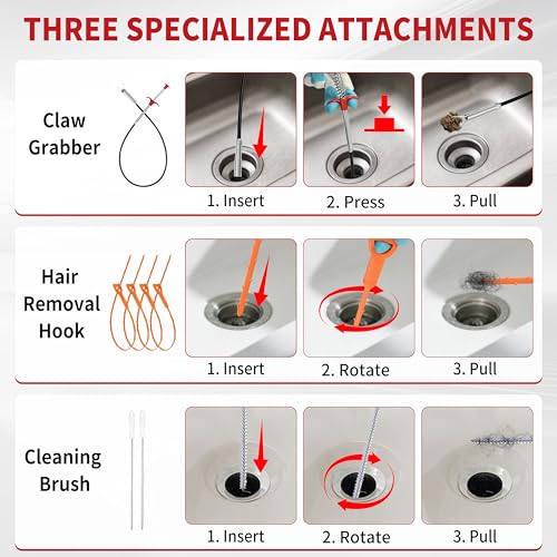Drain Snake 35 Ft with Drill Attachment, Auto Feed 1/4 Inch Plumbing Snake for Sink, Shower & Tub Clogs, Manual or Drill-Powered Drain Auger, with Gloves, Safety Glasses & Storage Bag - color: 35FT