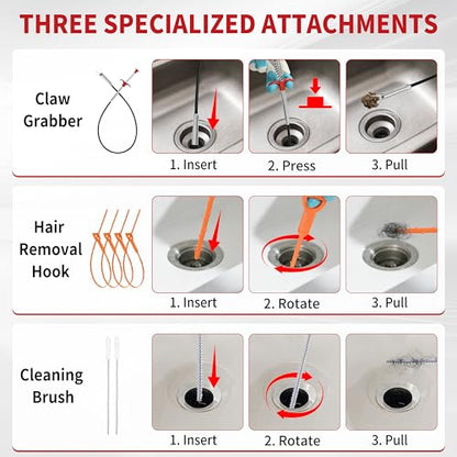 Drain Snake 35 Ft with Drill Attachment, Auto Feed 1/4 Inch Plumbing Snake for Sink, Shower & Tub Clogs, Manual or Drill-Powered Drain Auger, with Gloves, Safety Glasses & Storage Bag - color: 35FT