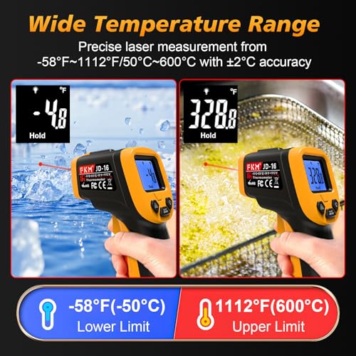 FKM Infrared Thermometer Gun Non-Contact Laser Temperature Gun-58°F~1112°F | Adjustable Emissivity,Digital IR Thermometer Gun for Industrial,HVAC,Automotive,Cooking,Griddle,Pizza Oven,BBQ,Not for Human - color: Black Yellow