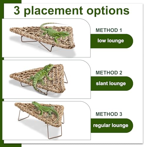 Bearded Dragon Hammock - Reptile Bed Tank Accessories with Collapsible Metal Legs - Basking Platform and Decor for Lizards, Leopard Gecko, Snake, Hermit Crab, Frog - Seagrass Material - Triangle Shape