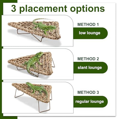 Bearded Dragon Hammock - Reptile Bed Tank Accessories with Collapsible Metal Legs - Basking Platform and Decor for Lizards, Leopard Gecko, Snake, Hermit Crab, Frog - Seagrass Material - Triangle Shape