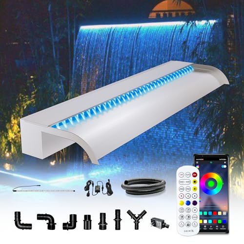 Waterfall Pool Fountain, LONGRUN Stainless Steel Waterfall Spillway for Pools and Ponds - 35.4" Wide Decorative Water Feature for Swimming Pools, Koi Ponds, and Garden - size: 35.4 inch Stainless Steel(Curved)