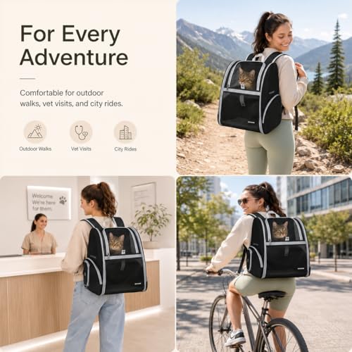 Cat Backpack Carrier for Small Dogs and Medium cat Puppy Kitten Bunny Pet Carrier Backpack Collapsible with Fully Ventilated Mesh with Safety Leash (Black, 12.9" L x 10.62" W x 15.5" H - M) - color: Black, size: Medium
