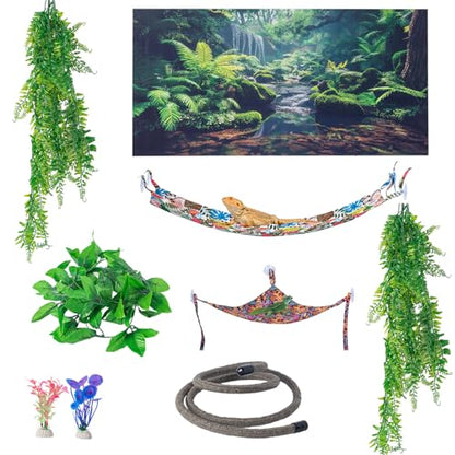 9 PCS Bearded Dragon Tank Accessories with Plastic Reptile Plants | Flexible Vine Jungle Climb with Leaves, Polyester Bearded Dragon Hammock, Background Decor for Gecko Chameleon Snake Lizard