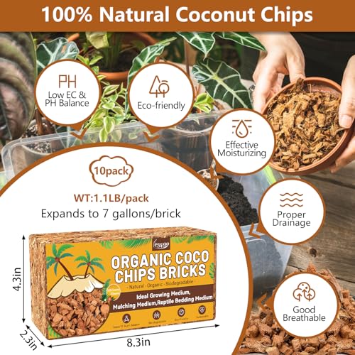 10 Pack Coco Chips for Plants- 11lb Organic Coconut Husk Potting Mix | Coconut Mulch Coco Husk Chips for Garden, Potted Plants, Orchid Repotting Soil Mix, High Expansion & Moisture Retention - size: 10 Pack